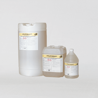 Three containers of AMS concentrated caustic in different sizes, placed against a white background.