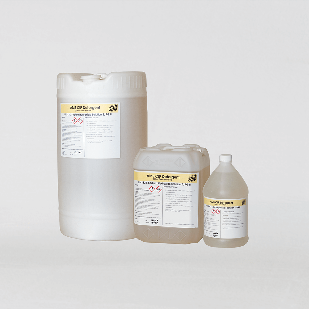 Three containers of AMS concentrated caustic in different sizes, placed against a white background.