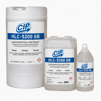 Three containers of CIP HLC-5200 GB liquid alkaline heavy-duty cleaner on a white background