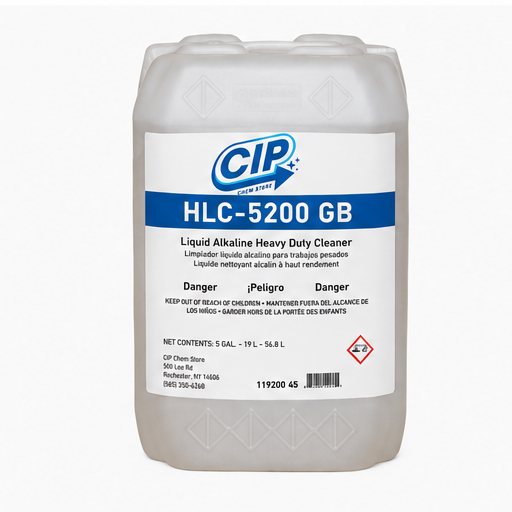 Clear 5gal container of CIP HLC-5200 GB Liquid Alkaline Heavy Duty Cleaner on a white background