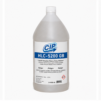 Gallon bottle of CIP HLC-5200 GB liquid alkaline heavy duty cleaner on a white background